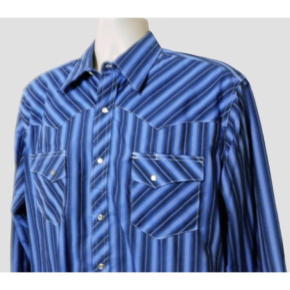 Wrangler Wrancher Shirt L Blue Stripe Snaps Long Sleeve Pockets Cotton Blend - Picture 1 of 5